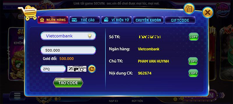 Nạp tiền Ngân hàng